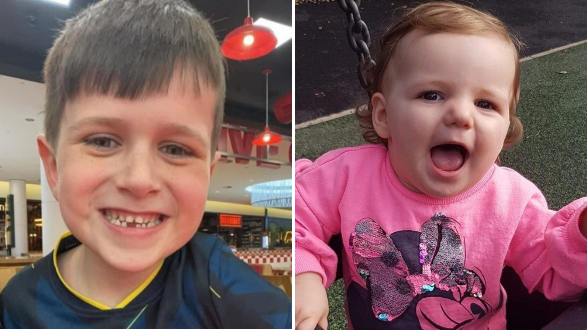 Composite image showing (left) Archie York and Maya Chappell. Archie is smiling at the camera. He has short dark hair. He is wearing a navy football shirt with yellow trim and appears to be in a restaurant. Maya has her mouth open while sitting on a swing. She has short blonde hair and is wearing a pink Minnie Mouse top.