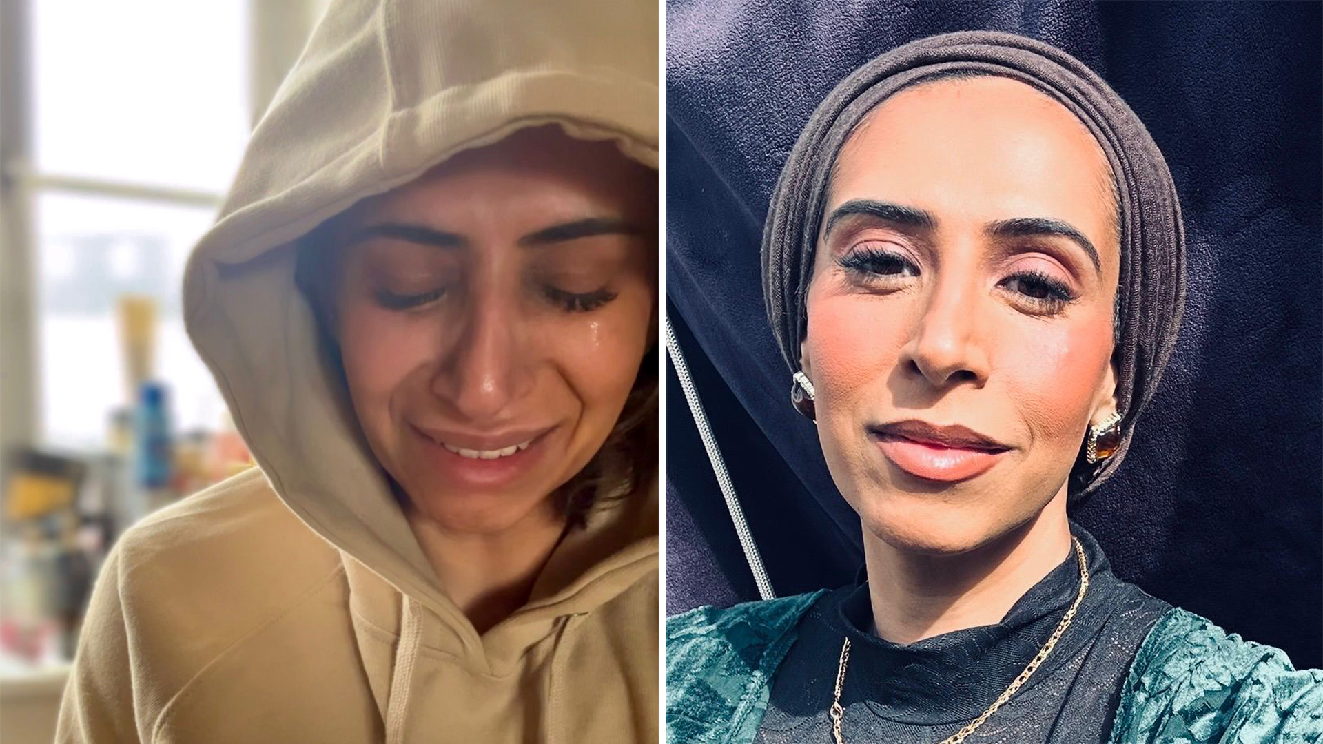 Split pic of 42-year-old Annika Waheed. On the left, Annika is wearing a white hoodie with the hood up. She has her eyes closed and her face is tear-stained.  On the right, she is wearing make-up and smiling at the camera.