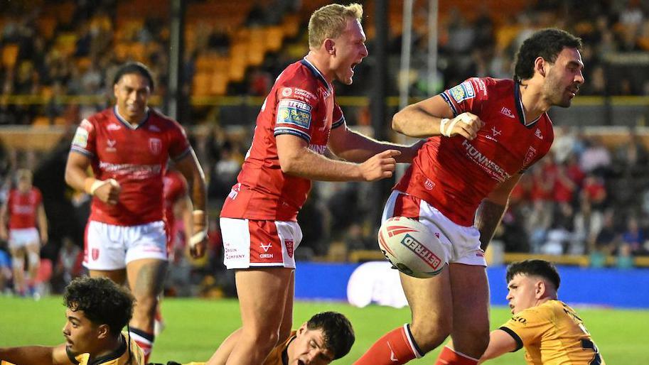 Tyrone May (right) celebrates scoring a try for Hull KR in their Super League match against Castleford Tigers