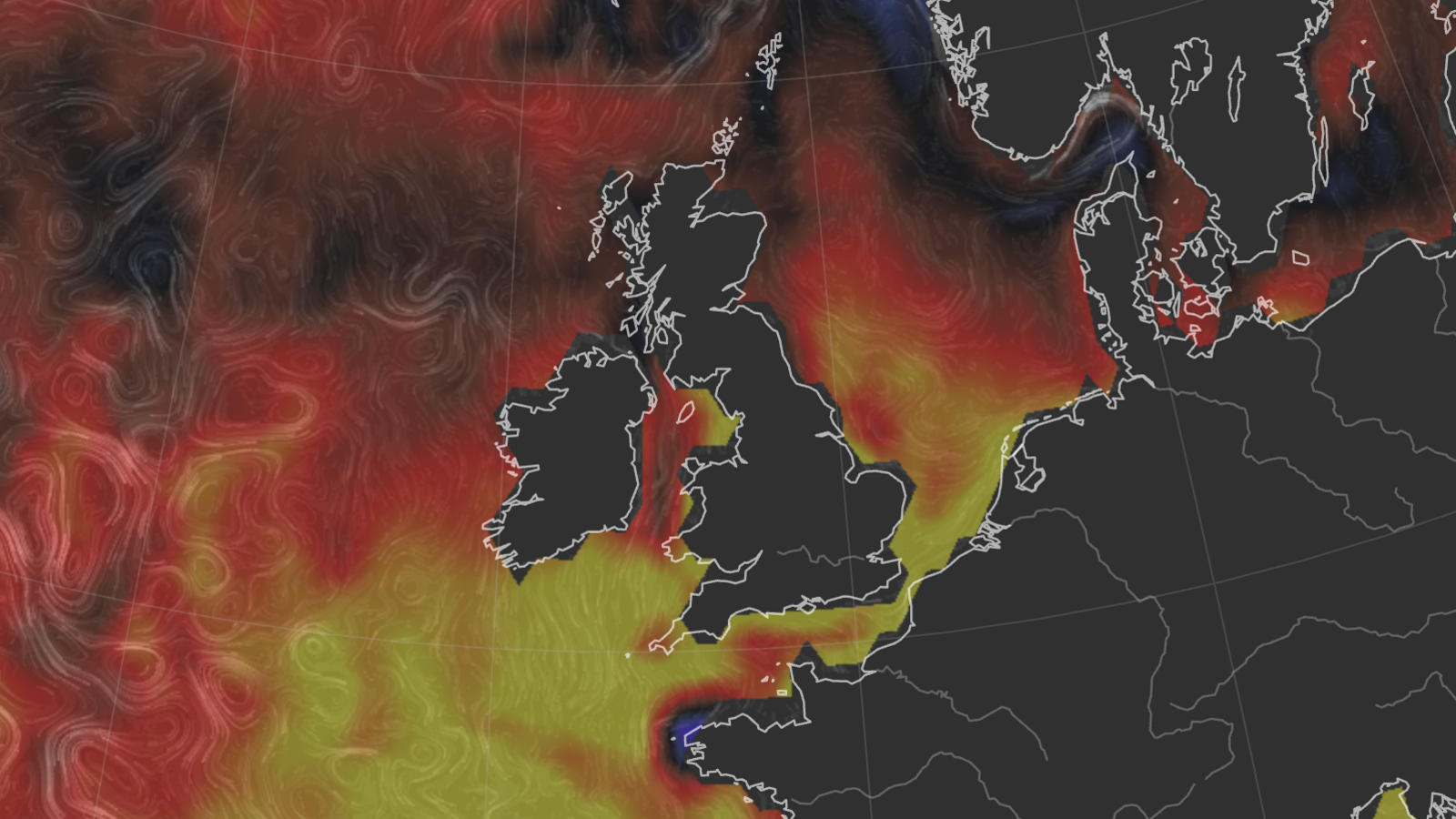 Map showing the UK and the sea surface temperature anomaly.  Red colouring around northern areas indicate temperatures around 1 degree above average to yellow colours in southern areas showing 3 degrees above average.