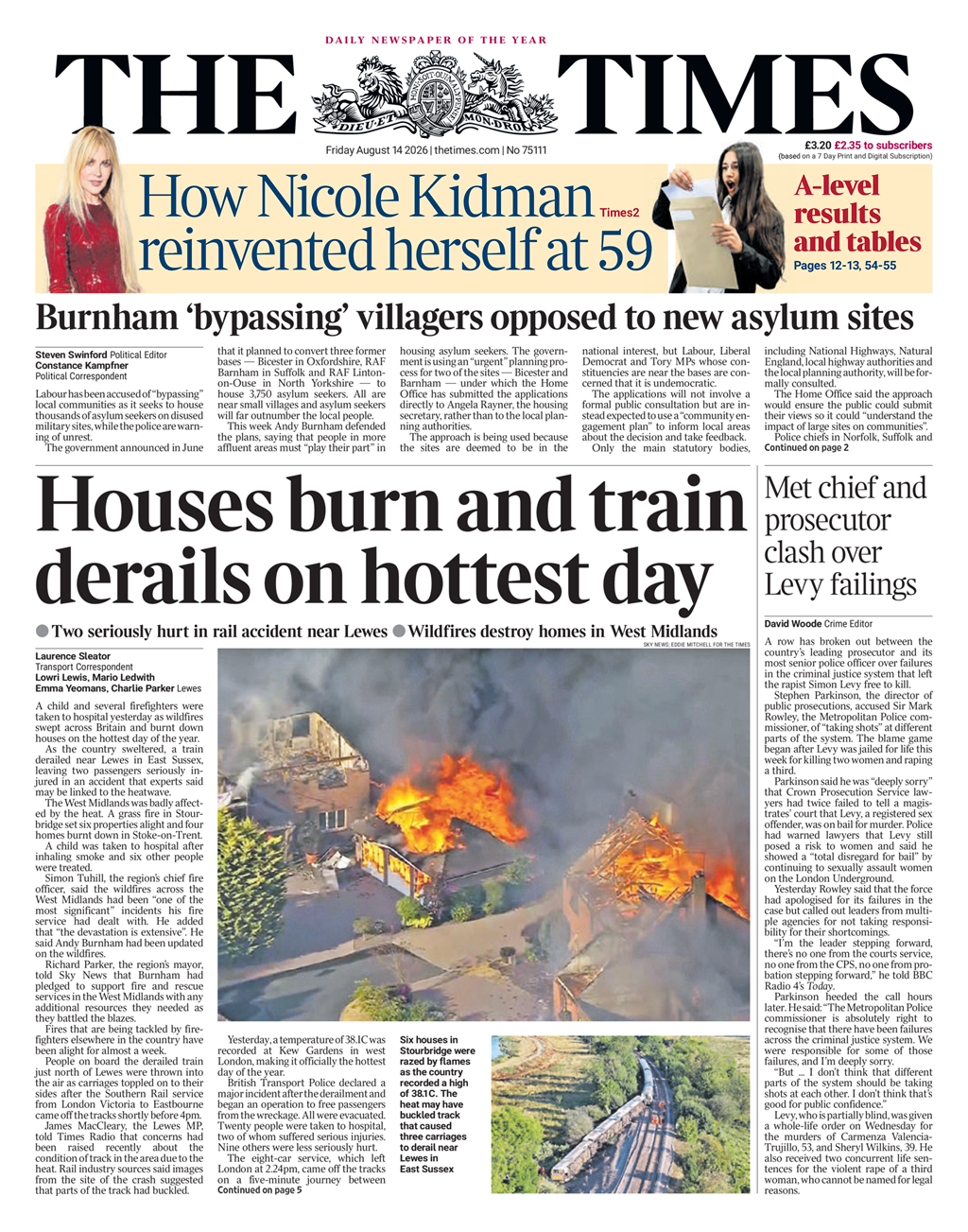 The Papers: ‘Houses burn and train derails on hottest day’ and ‘Britain on fire’ The Papers: ‘Houses burn and train derails on hottest day’ and ‘Britain on fire’