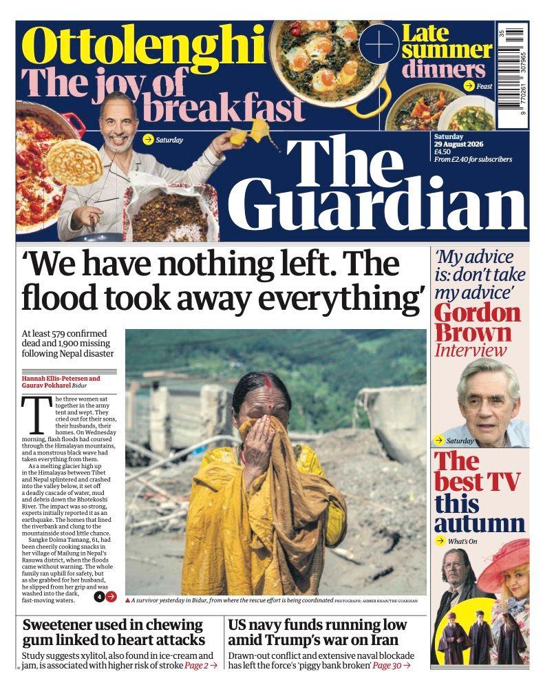 The headline on the front page of the Guardian reads: 'We have nothing left. The flood took away everything.'