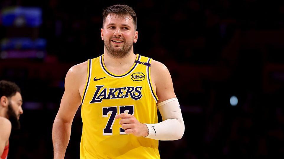 Luka Doncic of the Los Angeles Lakers reacts after a basket