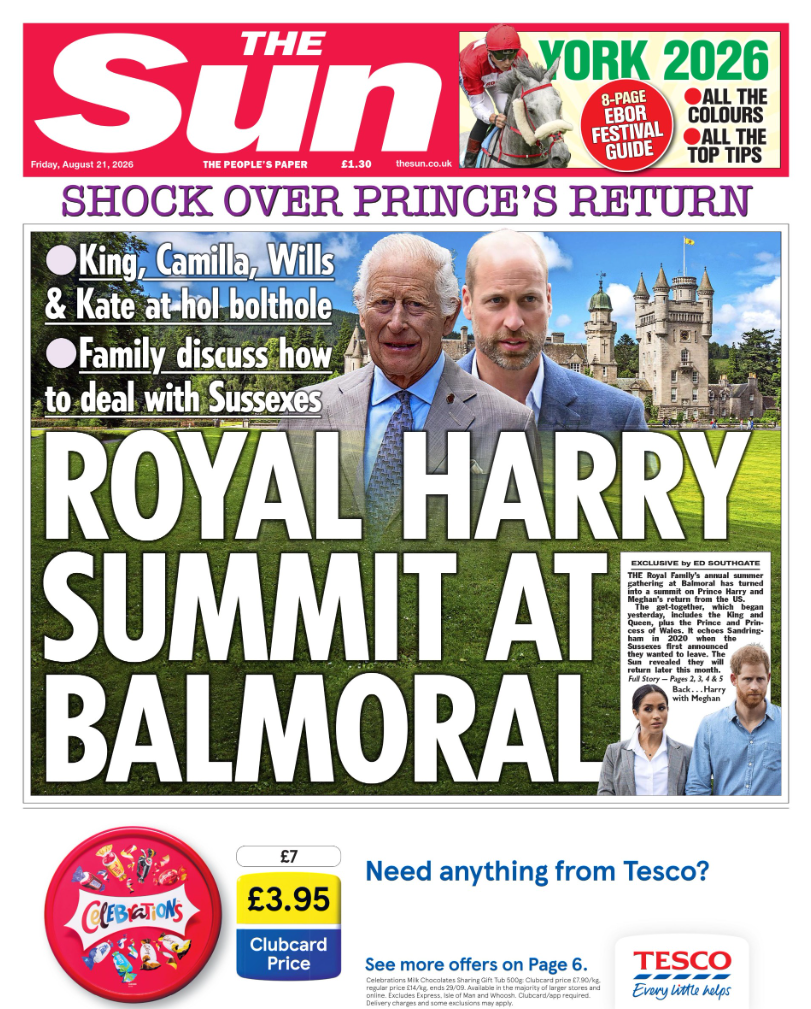 The headline on the front page of the Sun reads: "Royal Harry summit at Balmoral."
