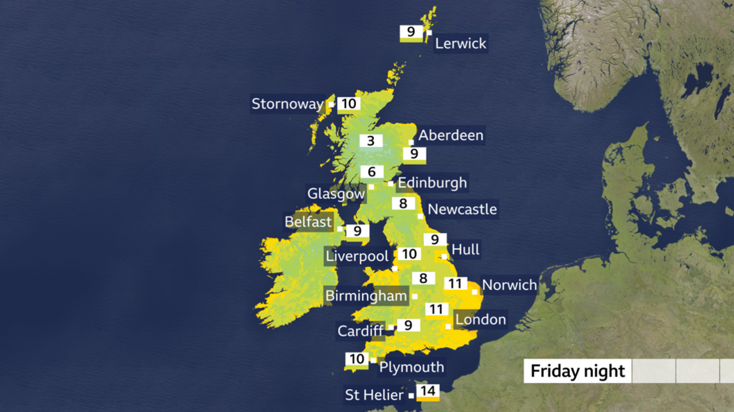 A weather chart showing minimum temperatures for Friday night - ranging from 3C in rural northern Scotland to 14C in the Channel Islands