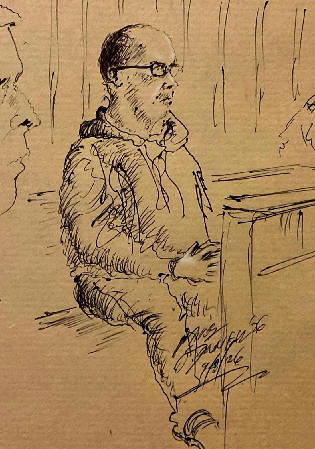 An artist's impression of Kinahan during his hearing on Sunday - sketch shows him wearing glasses, sat wearing a hooded jumper