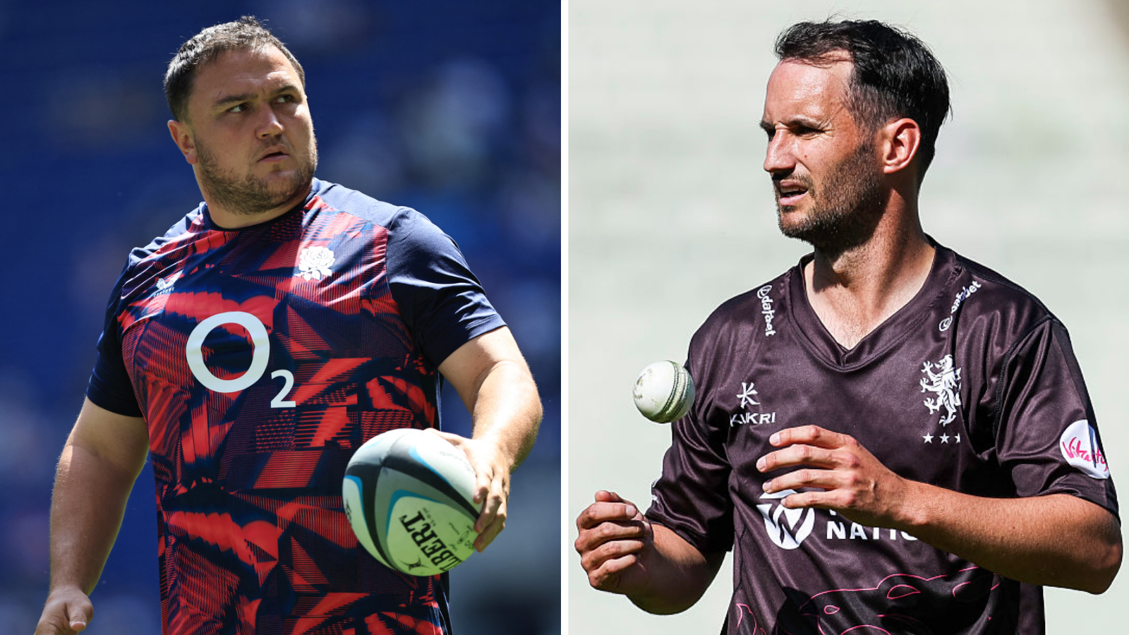 Jamie George (left) holding a rugby ball in his left hand and Lewis Gregory (right) juggling a cricket ball in front of him