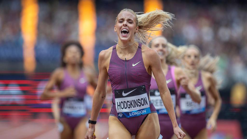 Keely Hodgkinson celebrates after winning the women's 800m at London Diamond League in 2024.