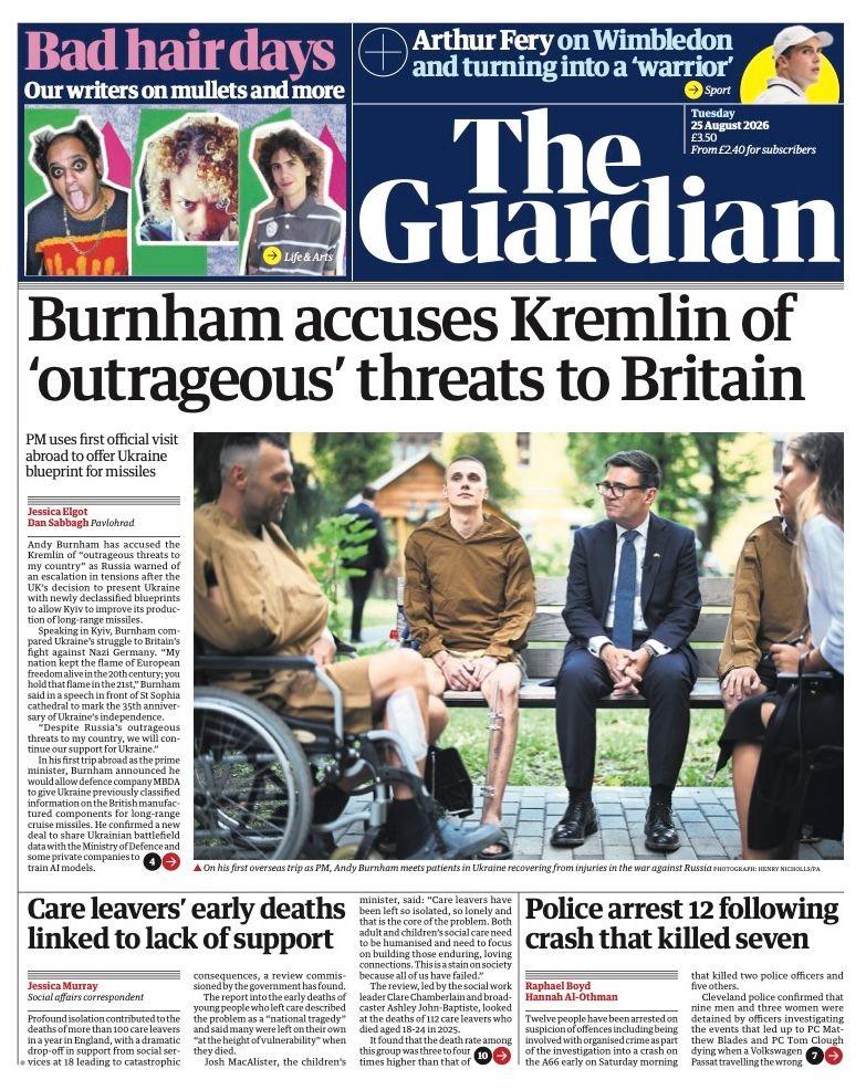 The headline on the front page of the Guardian reads: “Burnham accuses Kremlin of 'outrageous' threats to Britain".