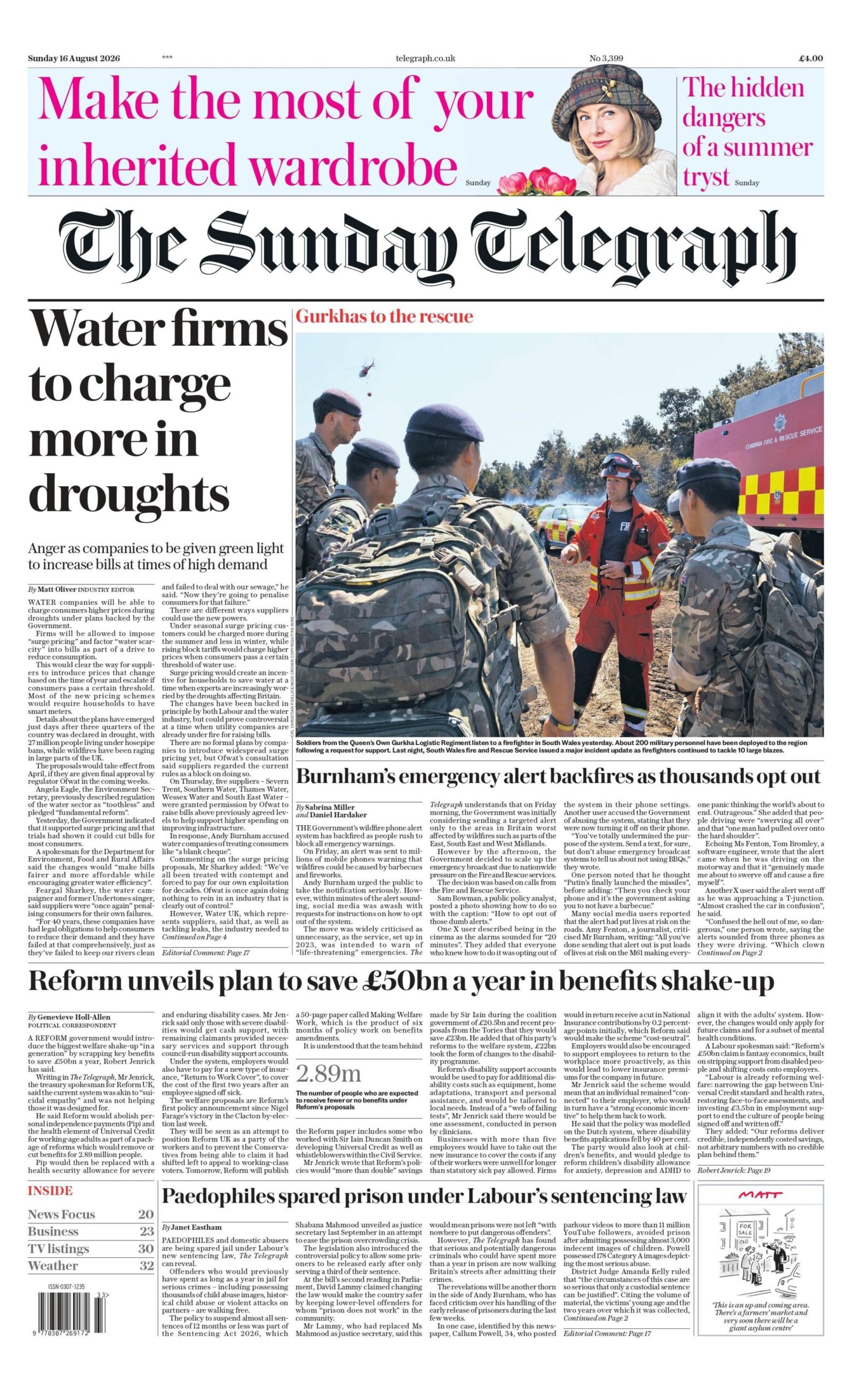 "Water firms to charge more in droughts," reads the headline on the front page of the Sunday Telegraph.