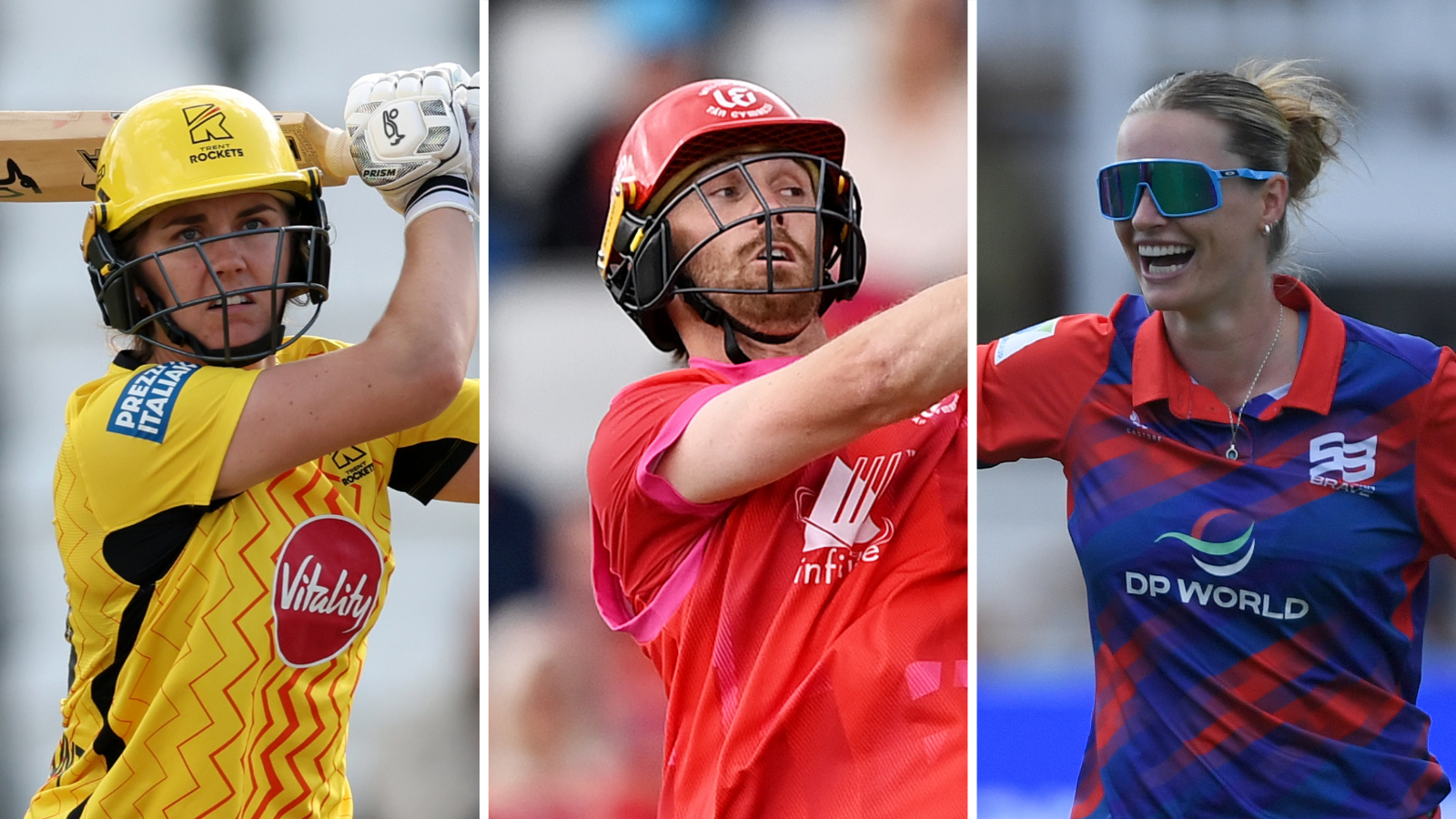 A split graphic of Nat Sciver-Brunt and Phil Salt batting and Lauren Bell celebrating a wicket