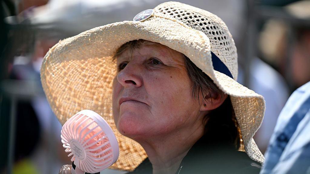 Close-up image of a woman with a small, pink hand-held fan and a wide-brimmed straw-coloured sun hat.