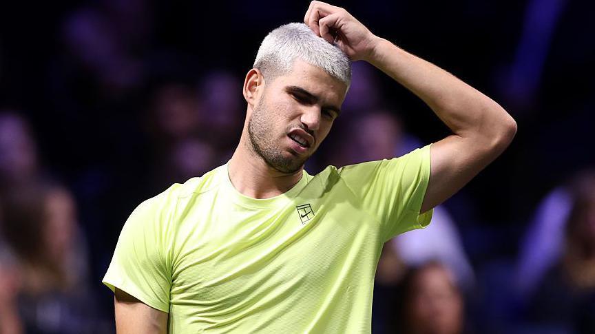 Carlos Alcaraz of Spain reacts during the second round match against Cameron Norrie of Great Britain on day two of the Rolex Paris Masters 2025