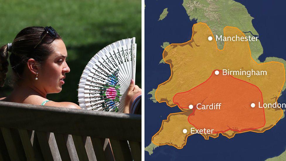 Woman fanning herself / map showing red alert area in southern England