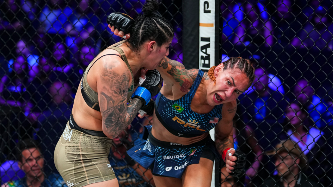 Cris Cyborg swings a punch at Ketlen Vieira
