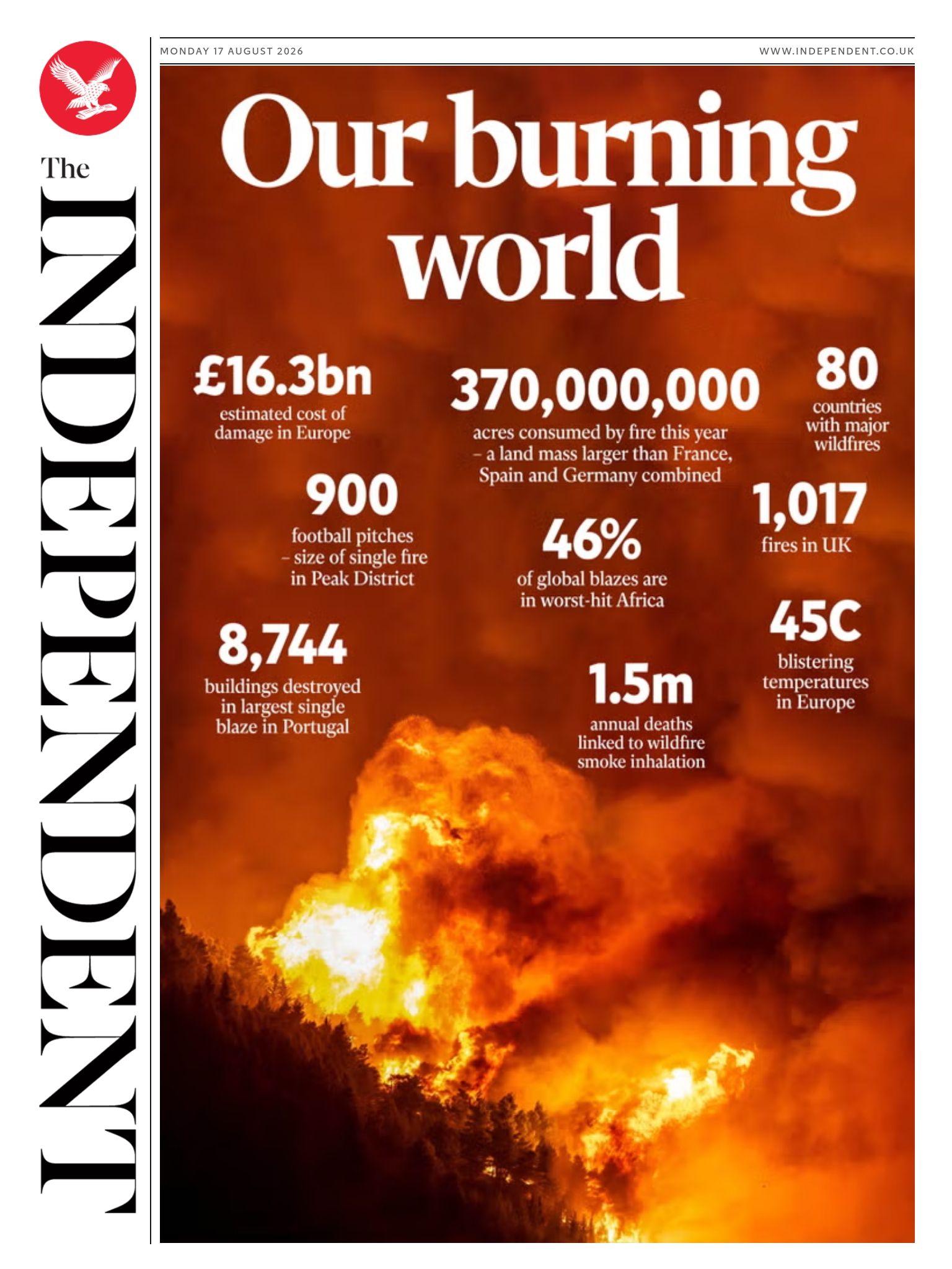The headline on the front page of the Independent reads: "Our burning world."