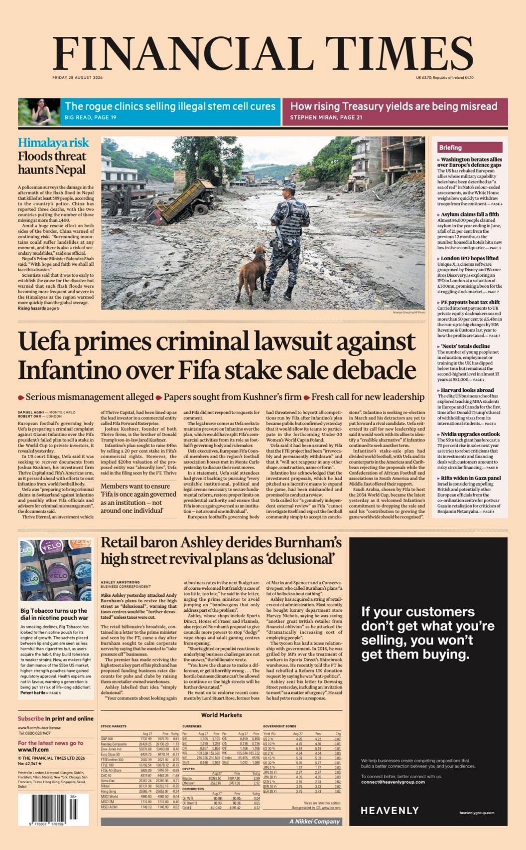 The headline on the front page of the Financial Times reads: “Uefa primes criminal lawsuit against Infantino over Fifa stake sale debacle”.