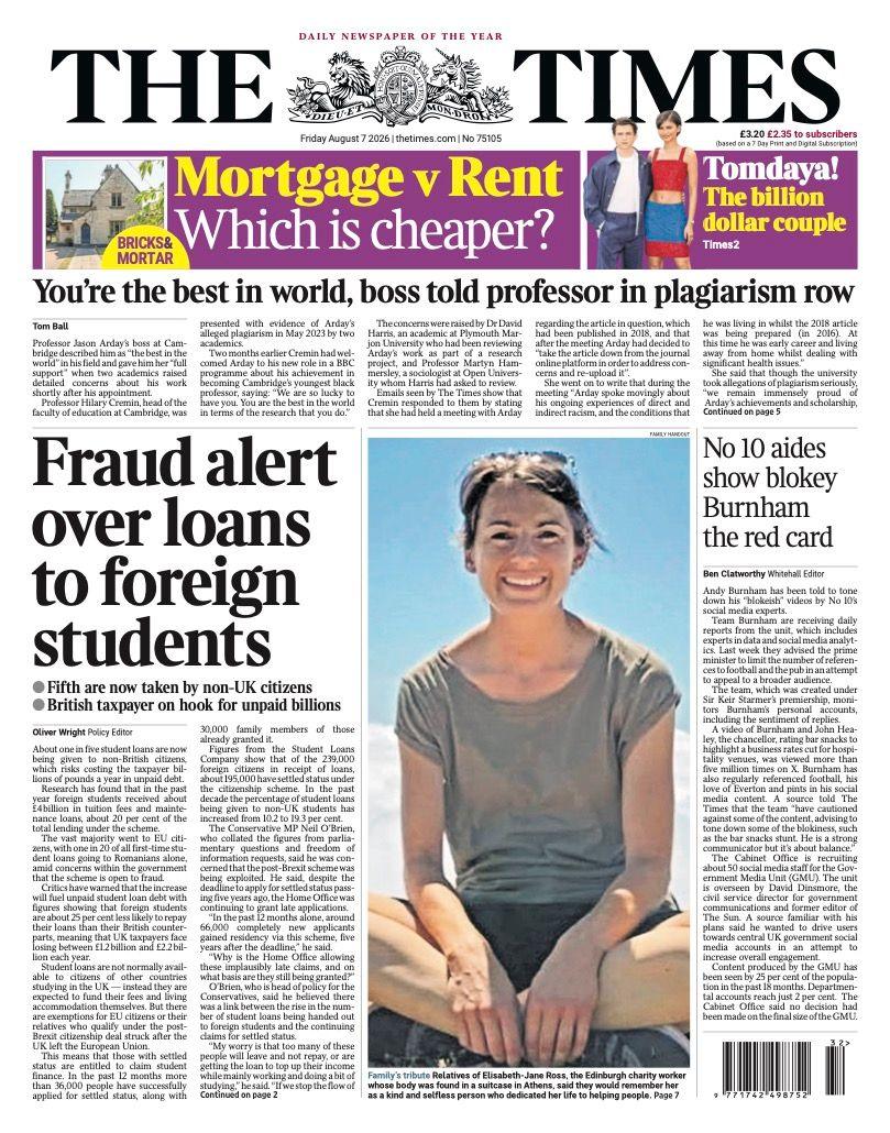 "Fraud alert over loans to foreign students" reads the headline on the front page of the Times.