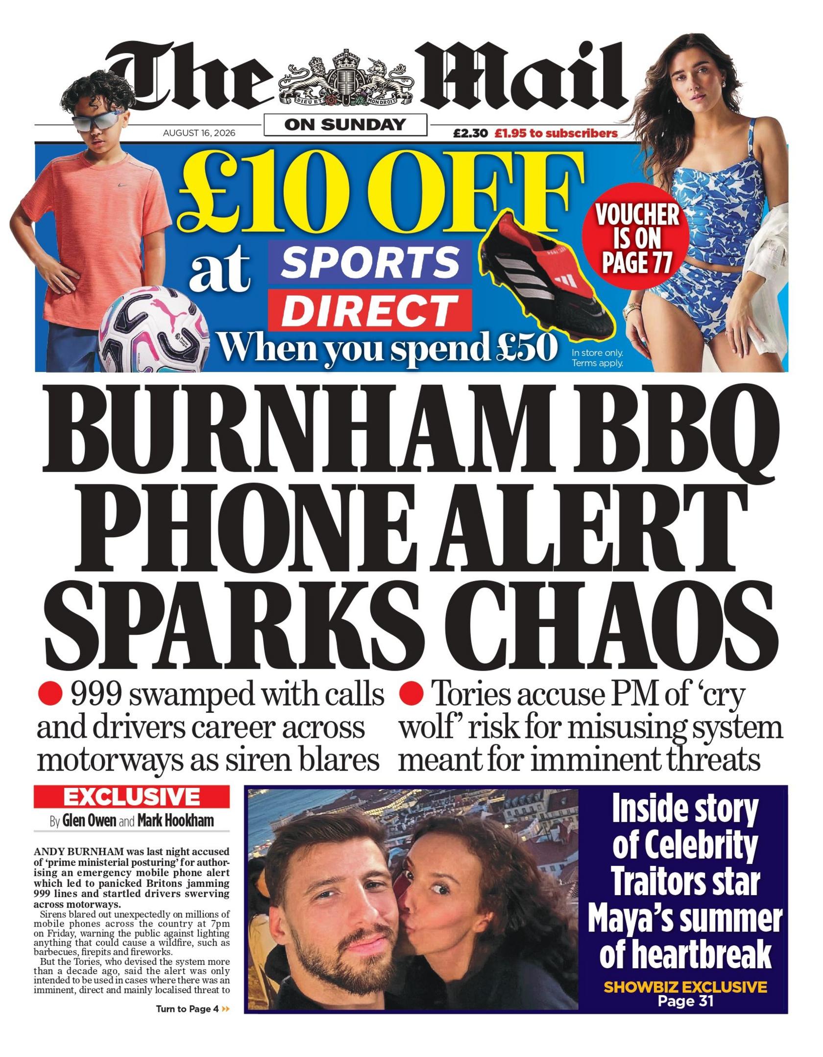 "Burnham BBQ phone alert sparks chaos," reads the headline on the front page of the Mail on Sunday.
