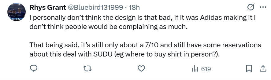Rhys Grant posted on X: I personally don't think the design is that bad, if it was Adidas making it I don't think people would be complaining as much. That being said, it's still only about a 7/10 and still have some reservations about this deal with SUDU (e.g where to buy shirt in person?).