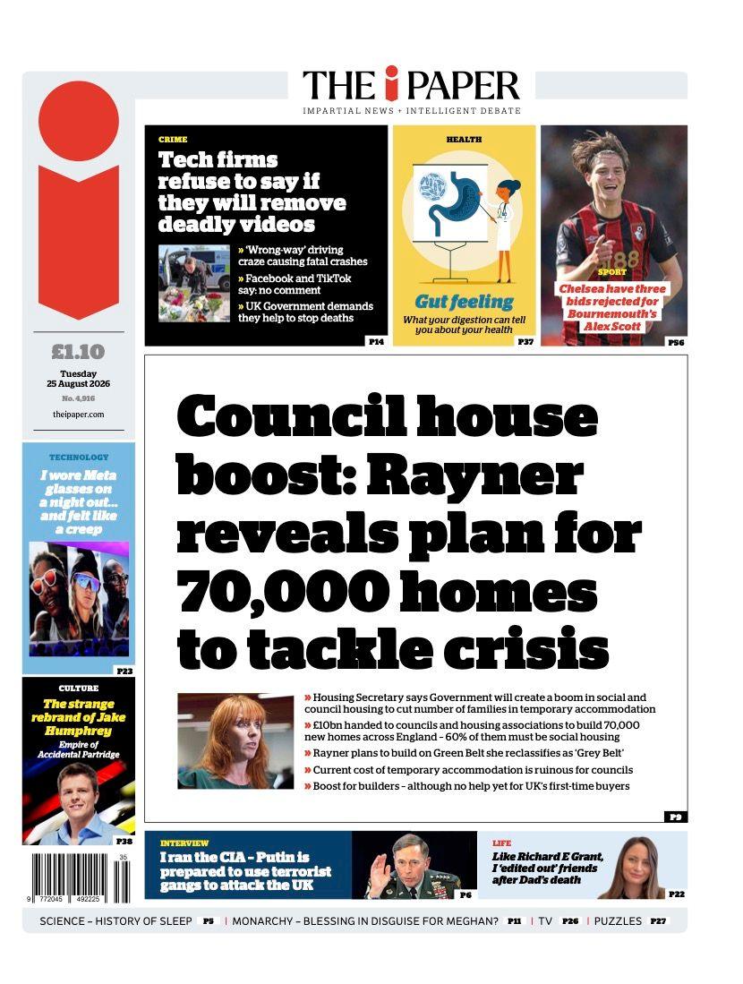 The headline on the front page of the i Paper reads: “Council house boost: Rayner reveals plan for 70,000 homes to tackle crisis".