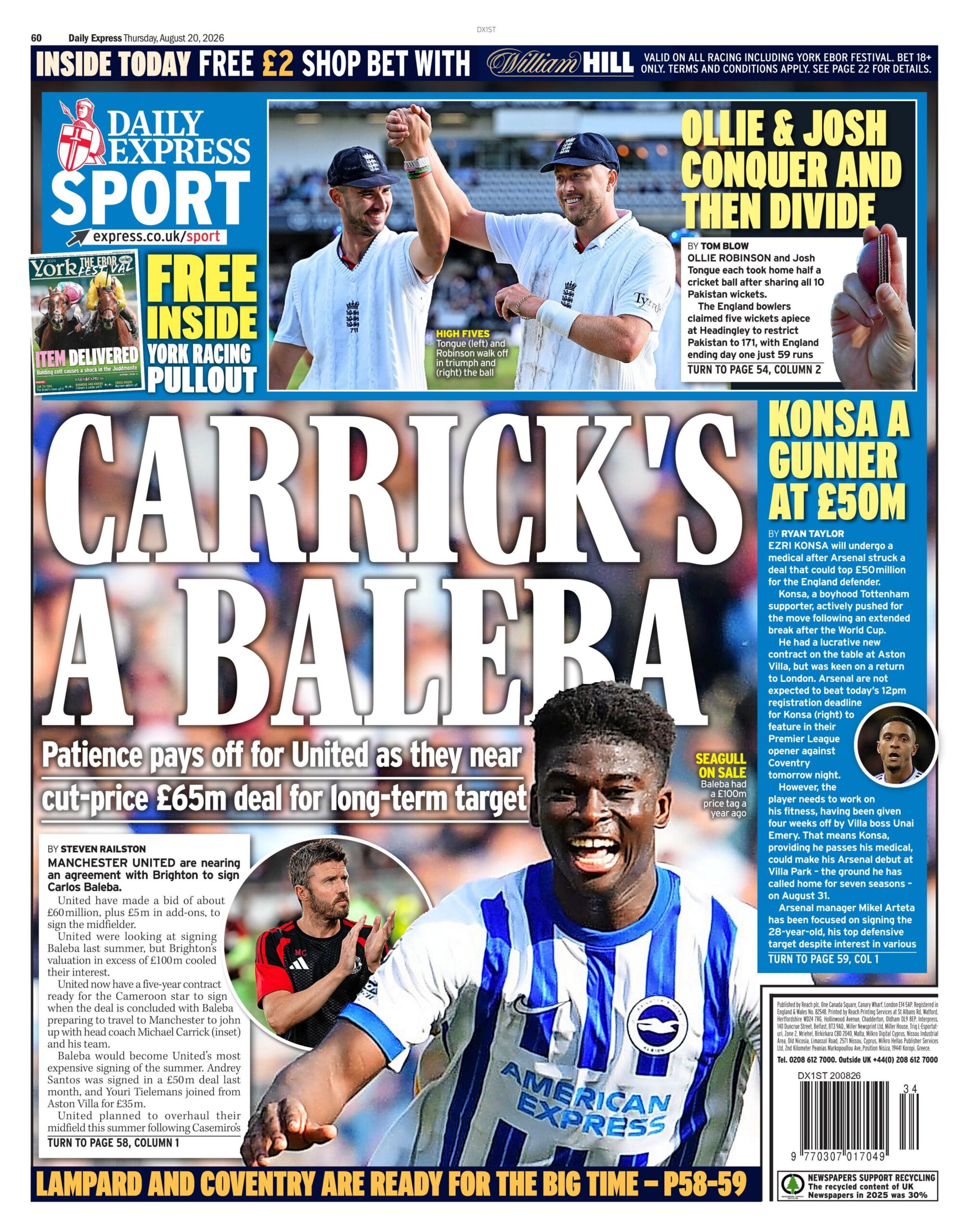 Back page of the Daily Express on 20 August 2026