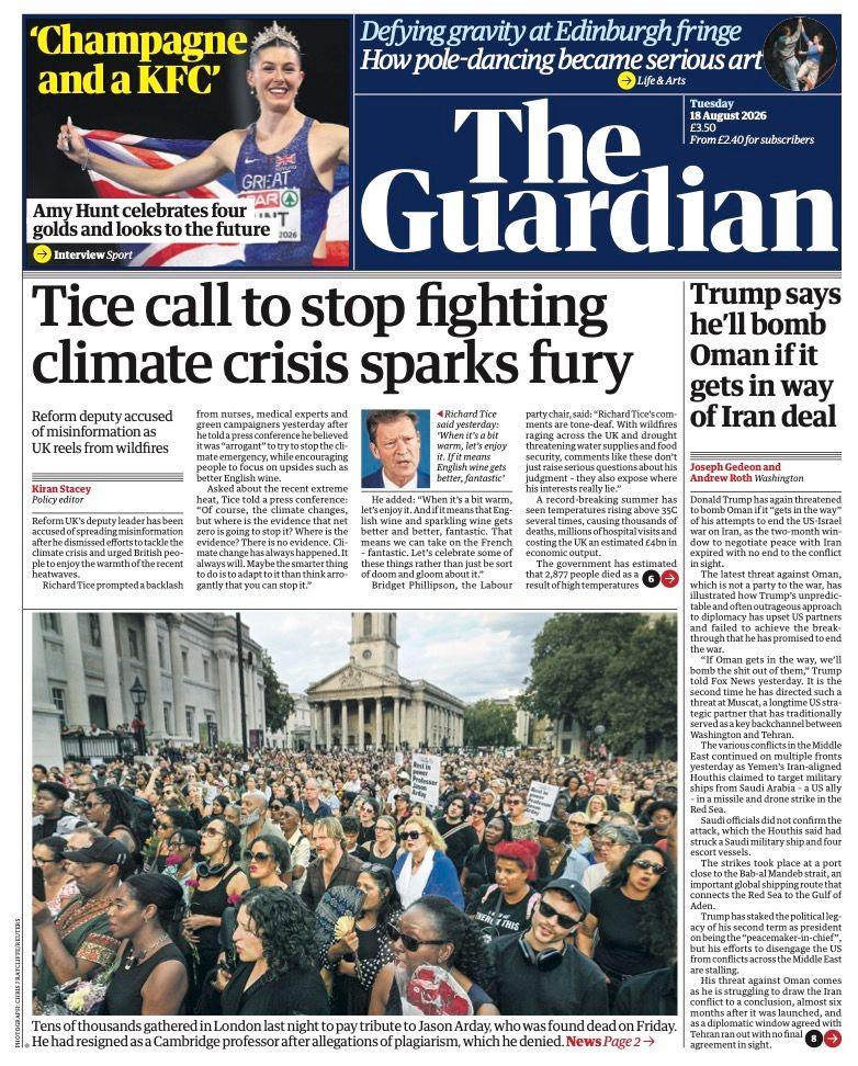 The headline on the front page of the Guardian reads: "Tice call to stop fighting climate crisis sparks fury."