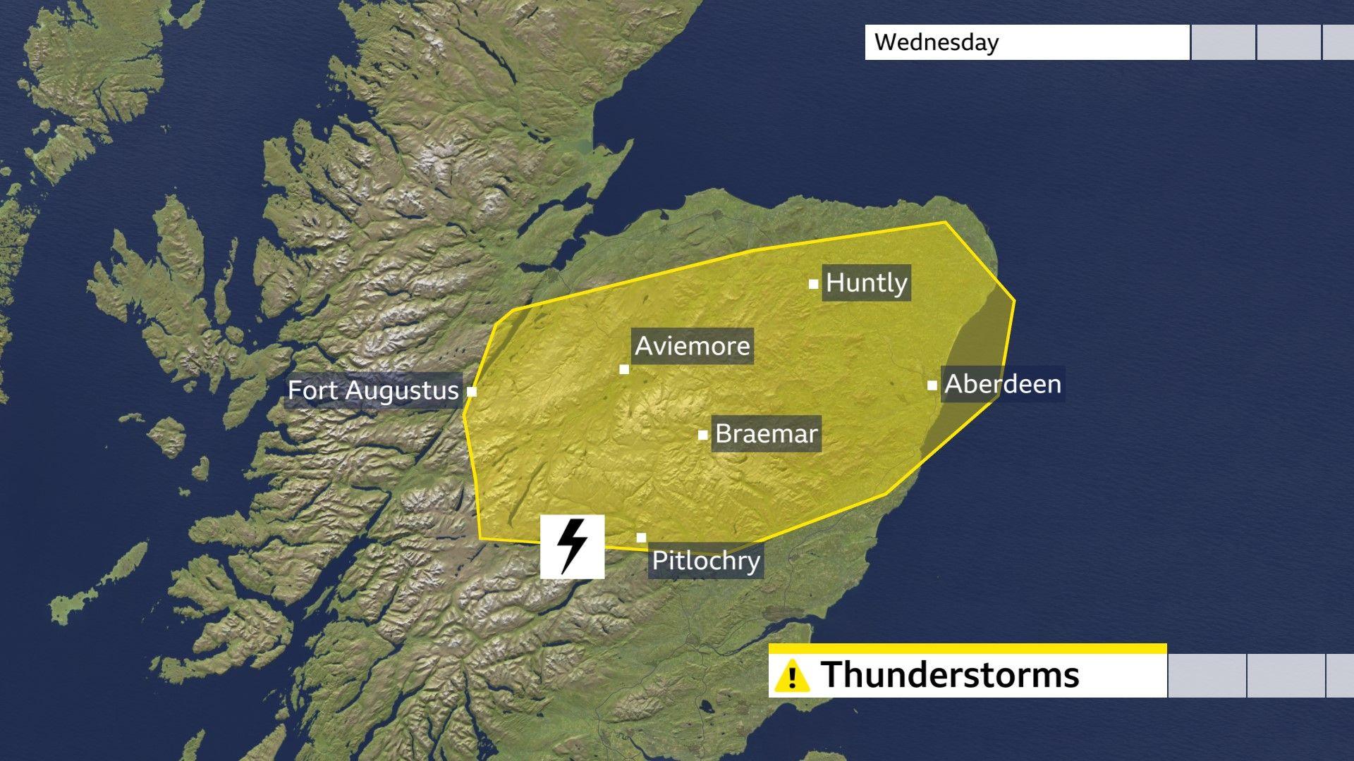 Map showing the area of the Met Office yellow warning for thunderstorms on Wednesday, which includes Aberdeen, Huntly, Pitlochry, Braemar, Aviemore and Fort Augustus.