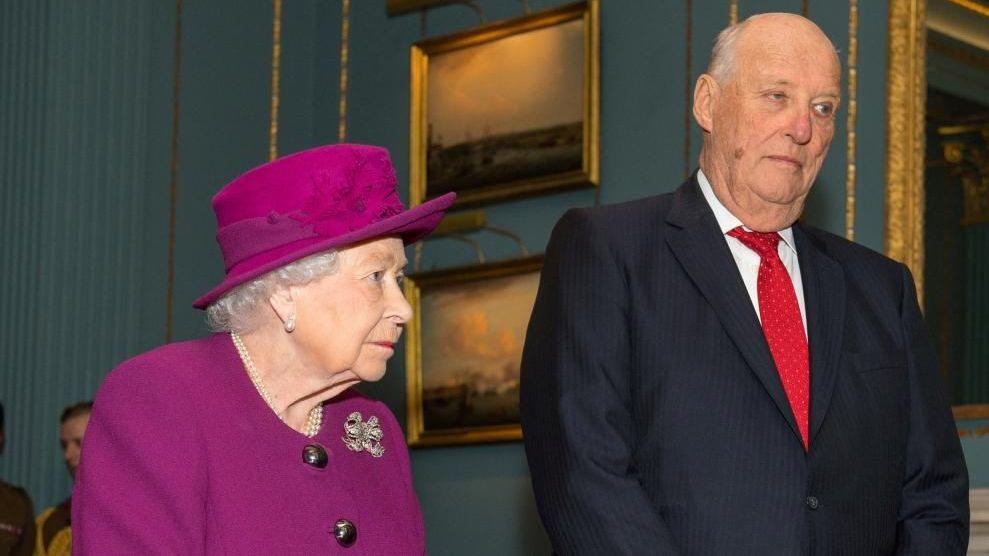 Britain's Queen Elizabeth and King Harald V of Norway attend the Anglo-Norse Society centenary reception at the Naval and Military Club in central London, Britain November 15, 2018