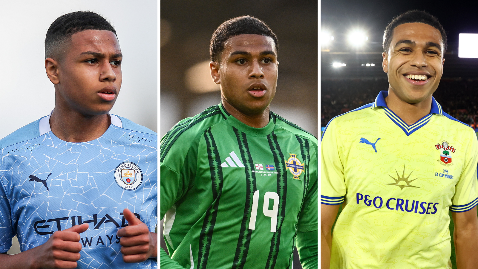 Split picture of Shea Charles throughout the years, in the kits of Manchester City, Northern Ireland and Southampton