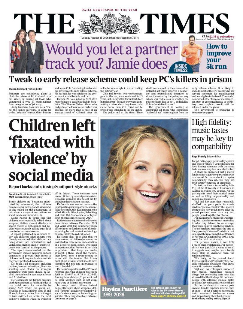 The headline on the front page of the Times reads: "Children left 'fixated with violence' by social media."