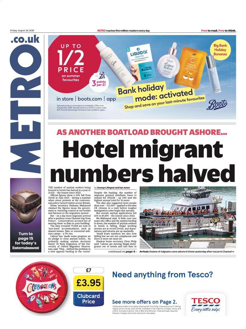 The headline on the front page of the Metro reads: “Hotel migrant numbers halved”.