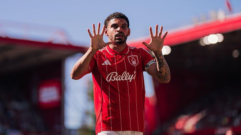 Morgan Gibbs-White of Nottingham Forest celebrates by showing all 10 fingers on his two hands
