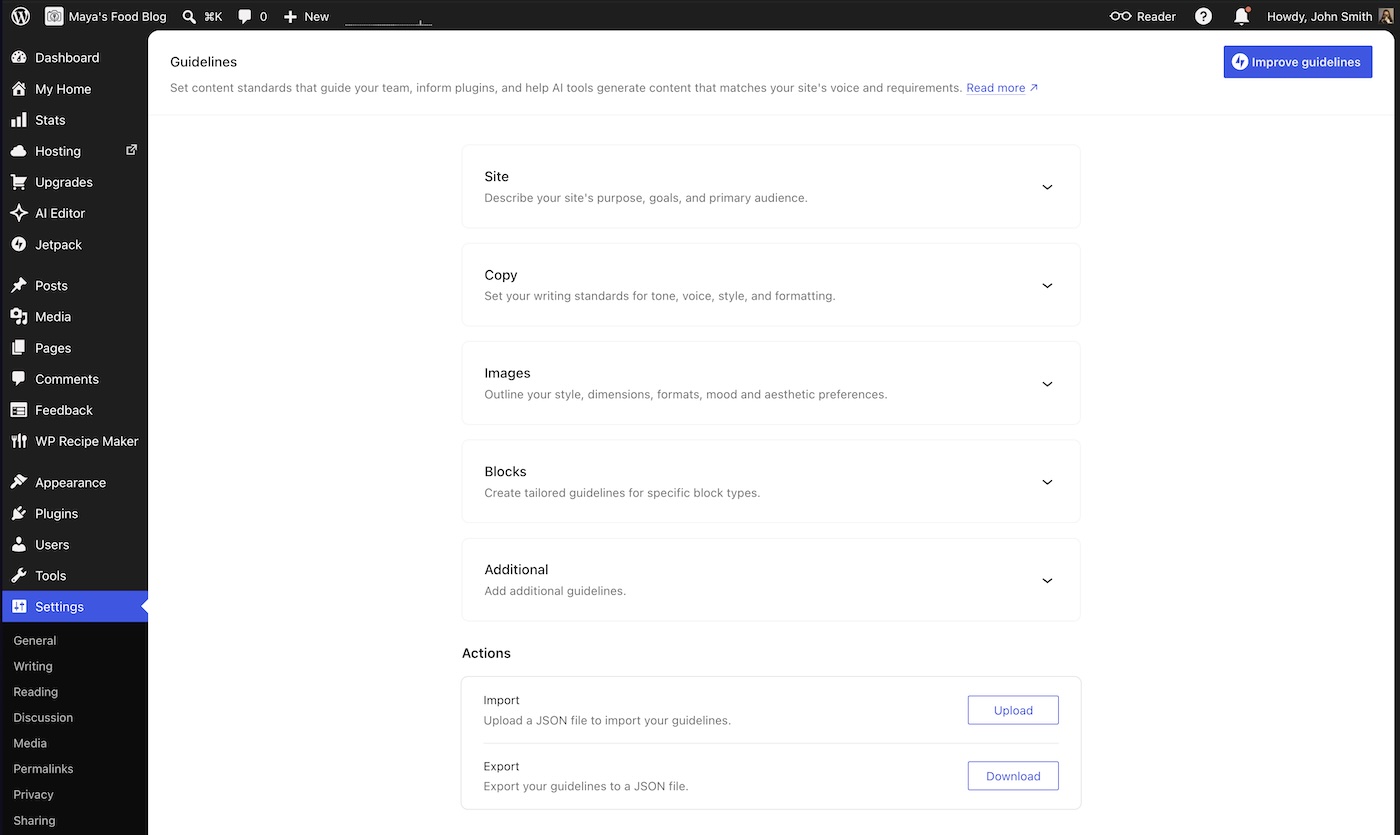 The Guidelines screen on WordPresscom