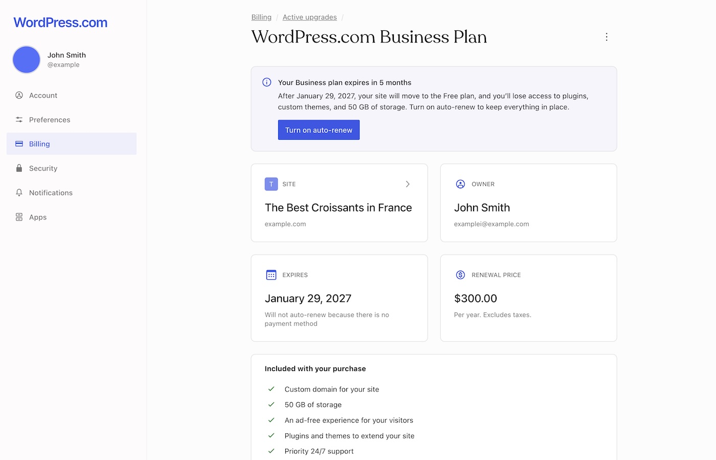 The purchases page on WordPress.com showing a subscription for a Business plan