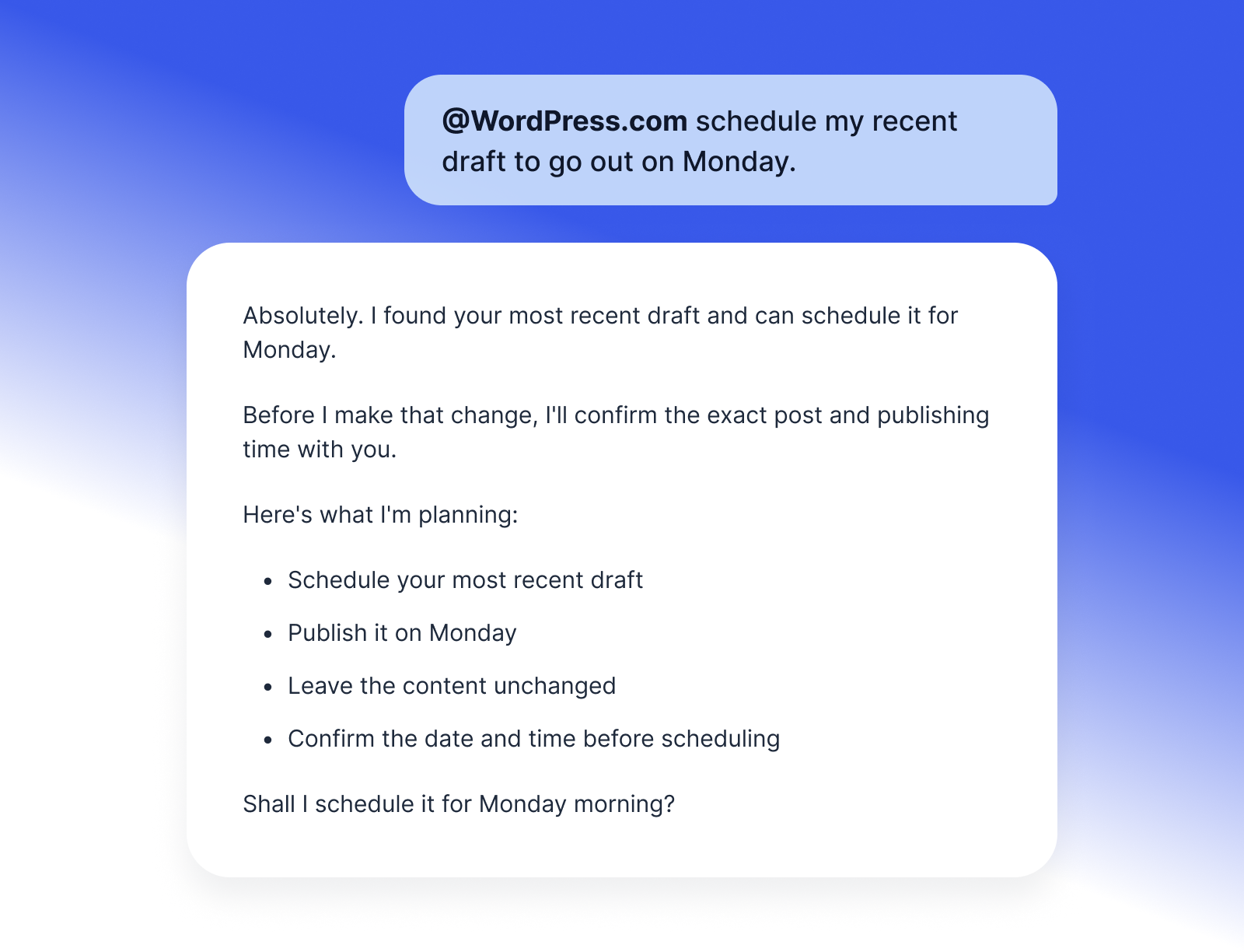 A mockup of a conversation between a user and ChatGPT about scheduling a draft blog post on WordPress.com