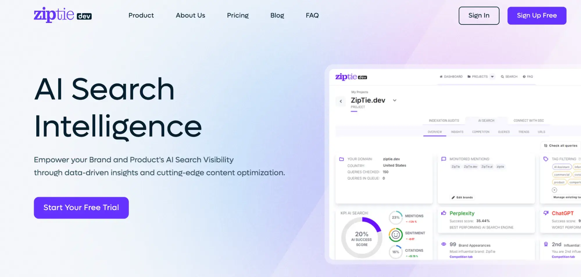 scrunch alternatives: ziptie homepage for ai search intelligence with a dashboard preview and free-trial button.