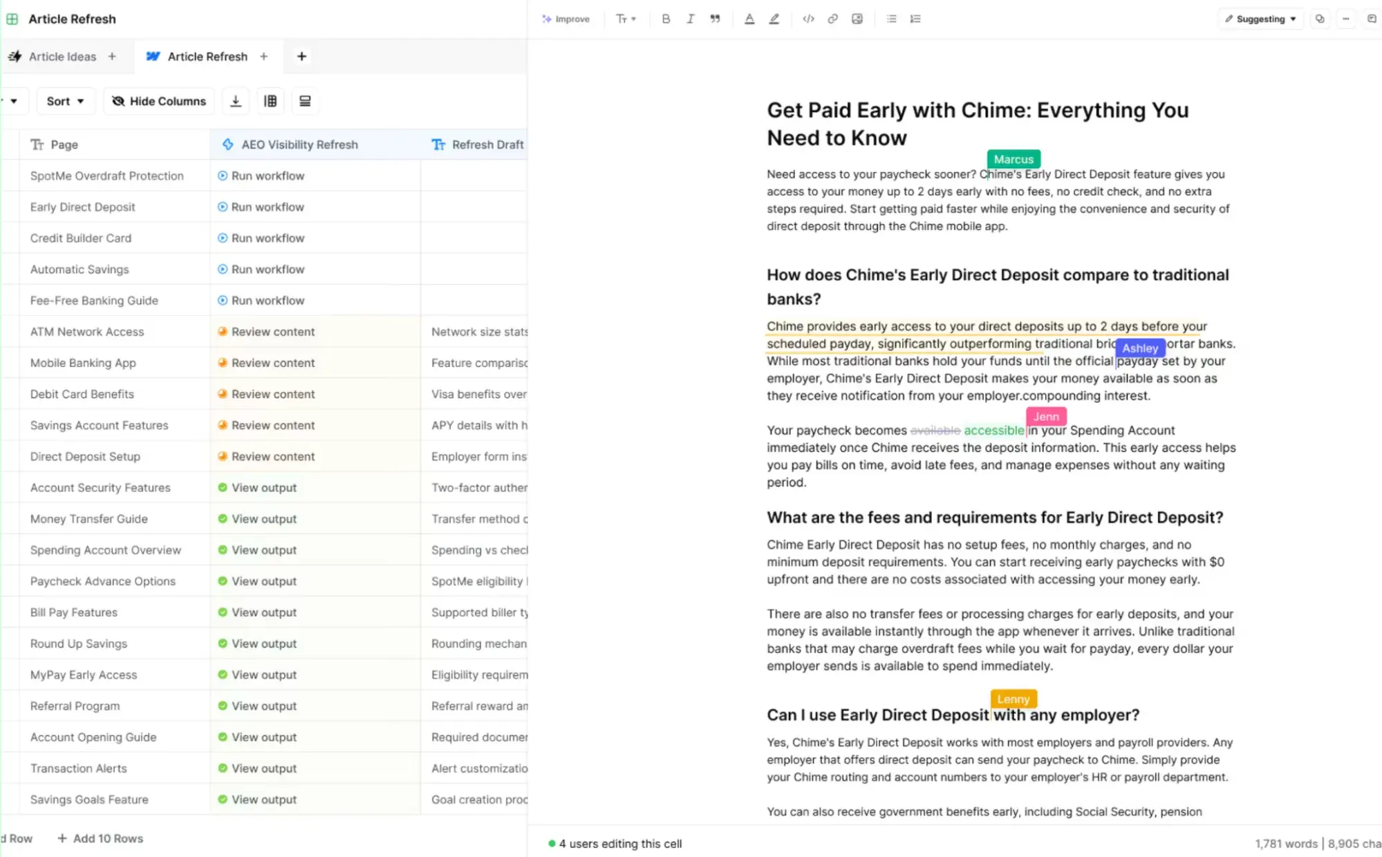 scrunch alternatives: airops article refresh workflow beside a collaborative editor with suggested changes.