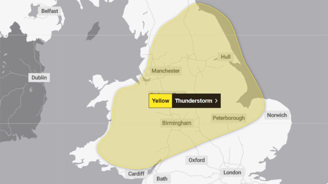 Yellow warning as thunderstorms could lead to flooding and travel disruption Yellow warning as thunderstorms could lead to flooding and travel disruption