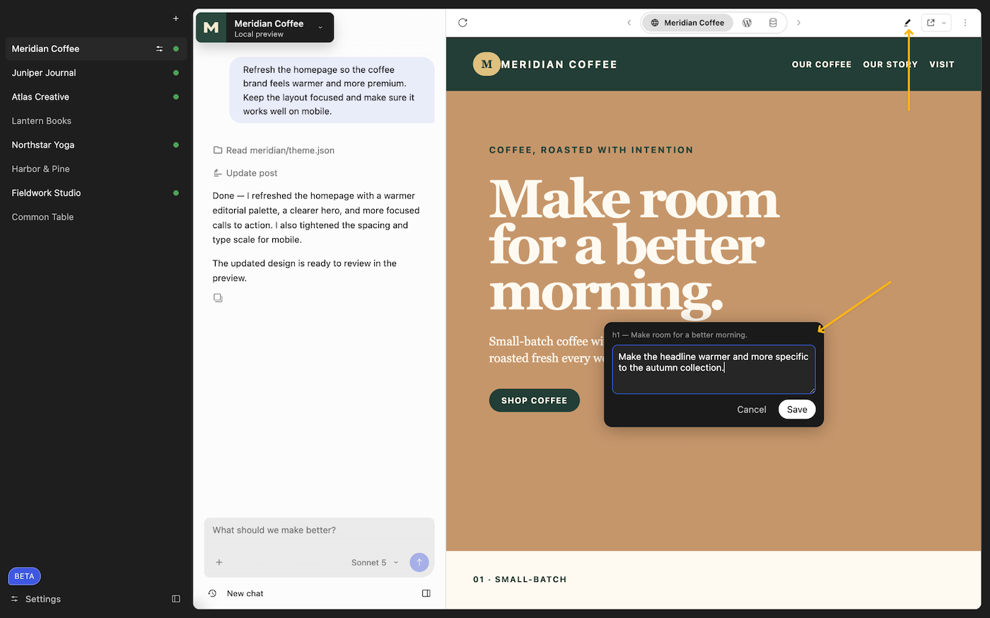 A screenshot of the WordPress Studio agentic UI with sites on the left, the chat in the middle, and an arrow pointing to the annotation button on the site preview on the right