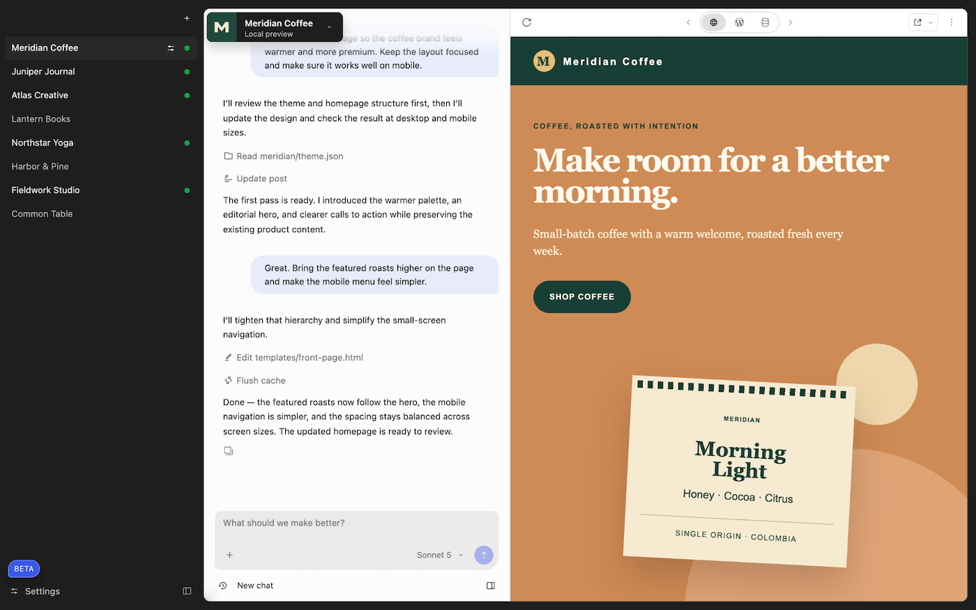 A screenshot of the WordPress Studio agentic UI with sites on the left, a chat in the middle, and a site preview on the right