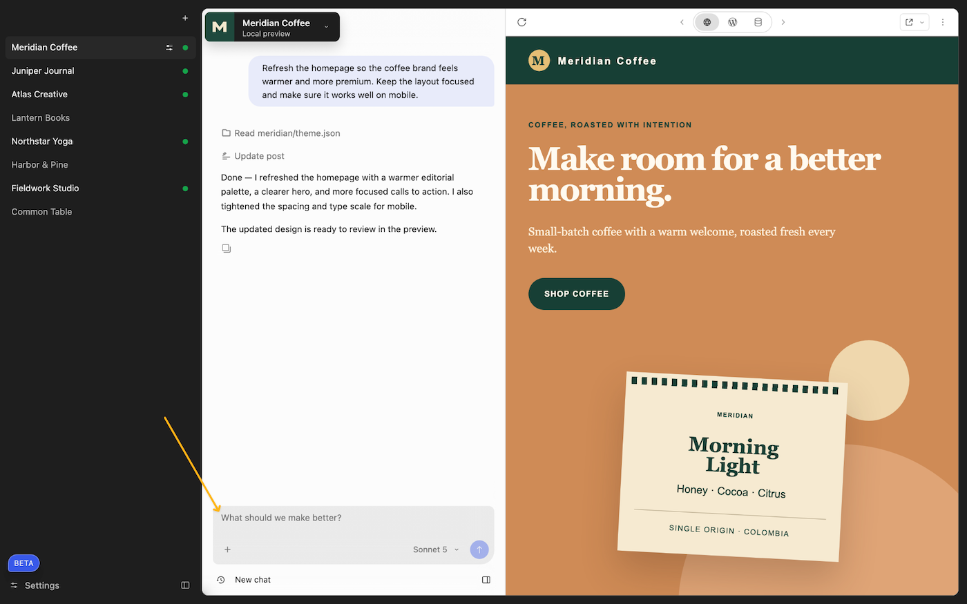 A screenshot of the WordPress Studio agentic UI with sites on the left, an arrow pointing to the chat in the middle, and a site preview on the right