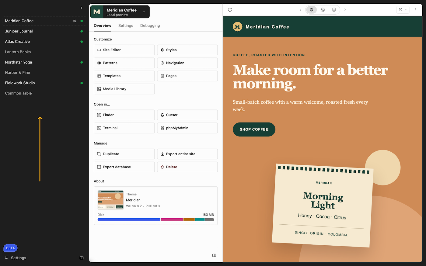 An arrow pointing to the site list in WordPress Studio desktop app