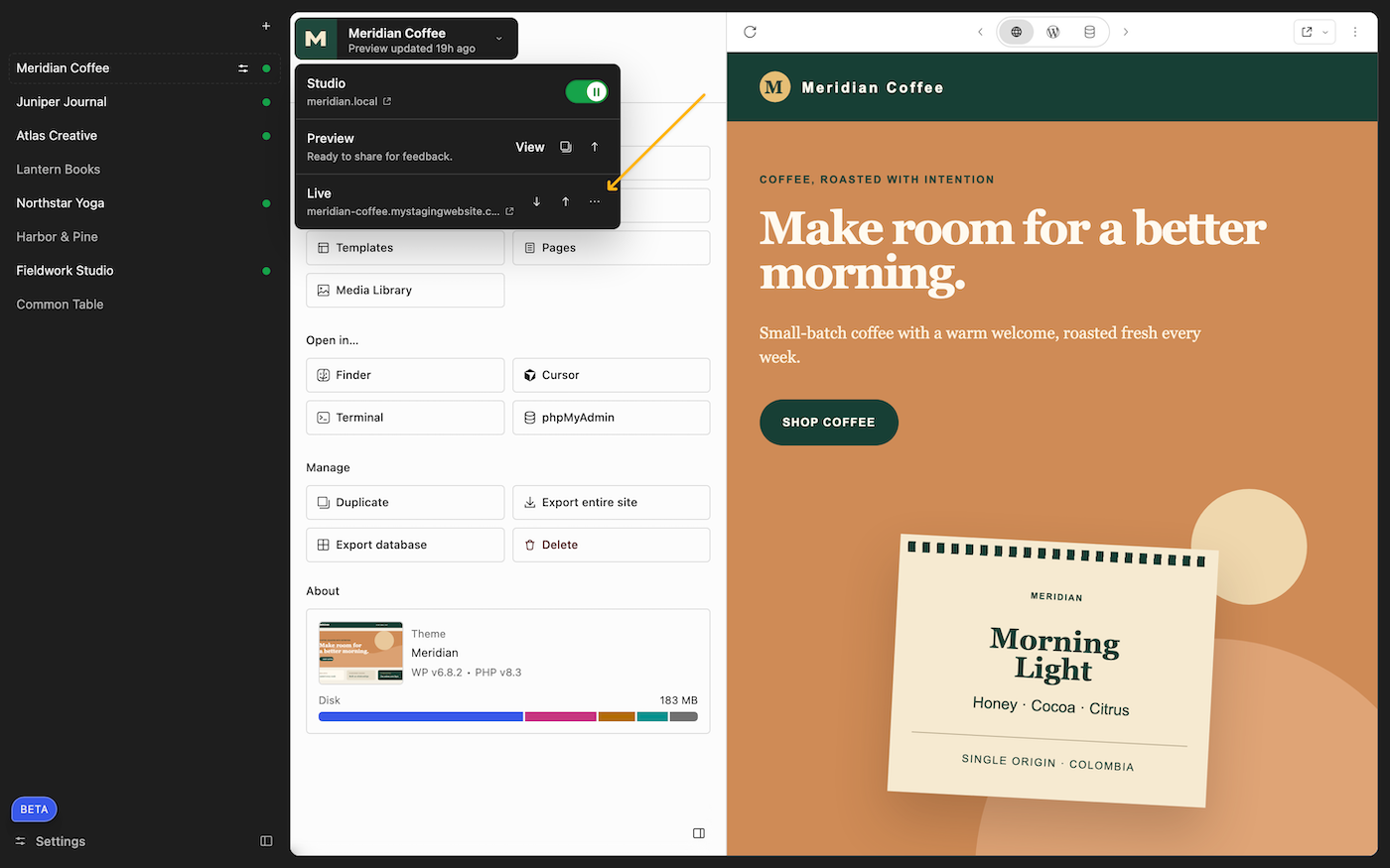 A screenshot of the WordPress Studio agentic UI with sites on the left, site settings, and the site preview on the right with an arrow pointing to the sync functionality