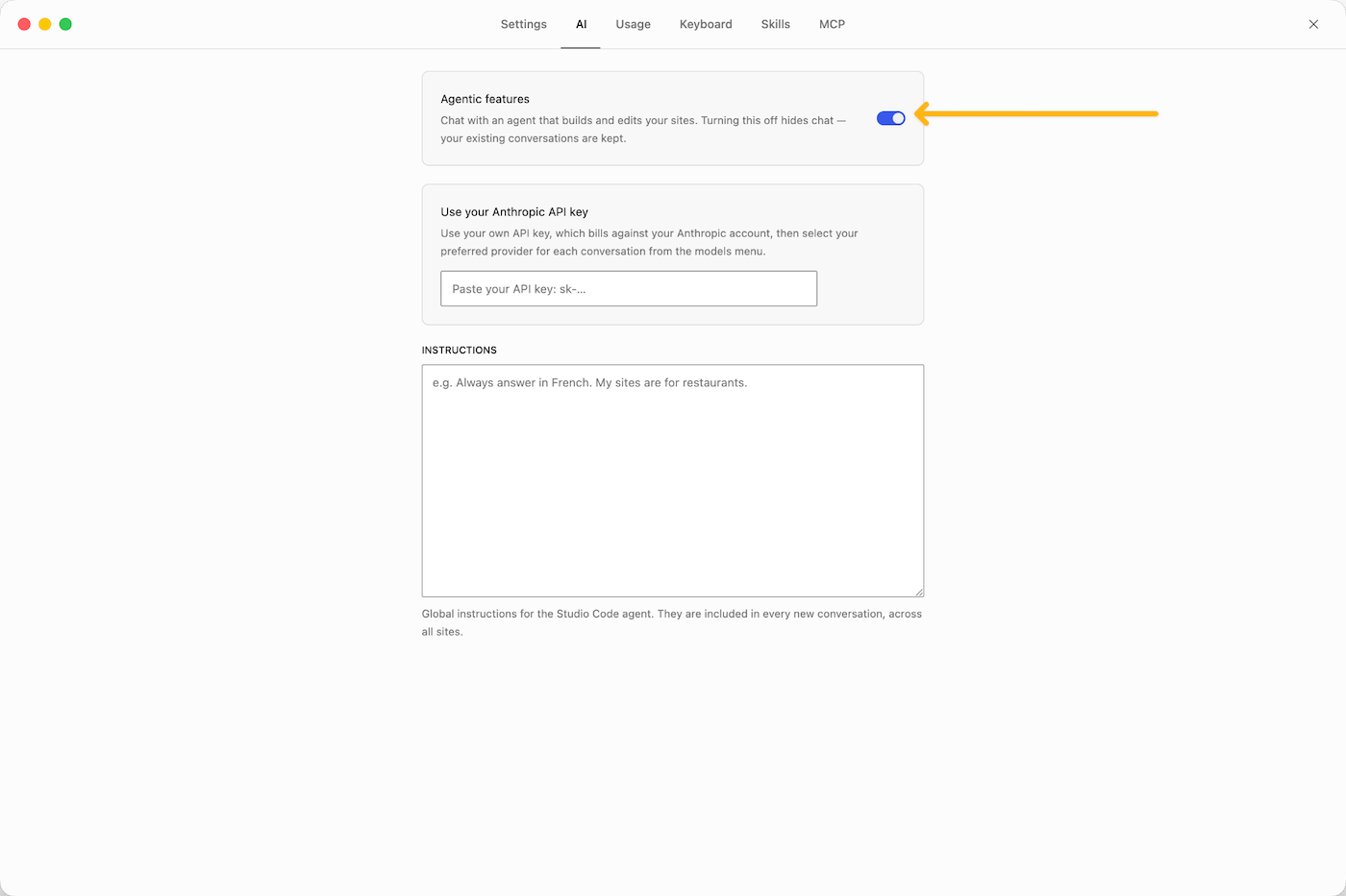 The 'turn off agentic features' toggle in the WordPress Studio settings