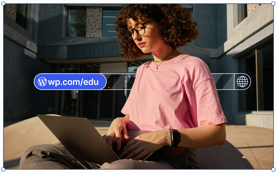 Student working on their laptop with the wp.com/edu logo in the background.