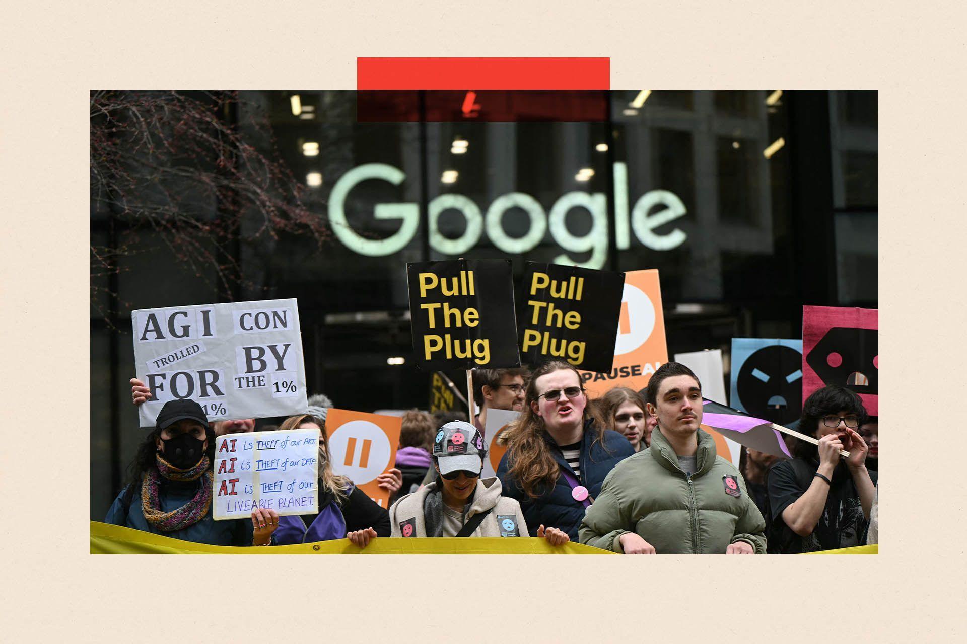 Protesters gather with banners and placards outside the offices of Google at a protest organized by PauseAI UK