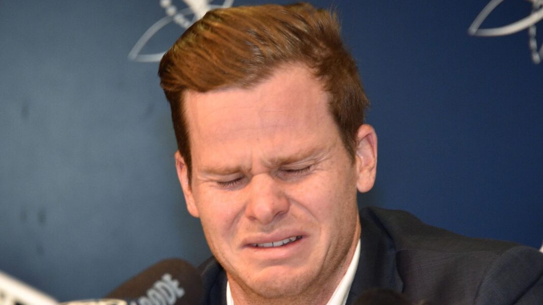 Australia captain Steve Smith cries during news conference