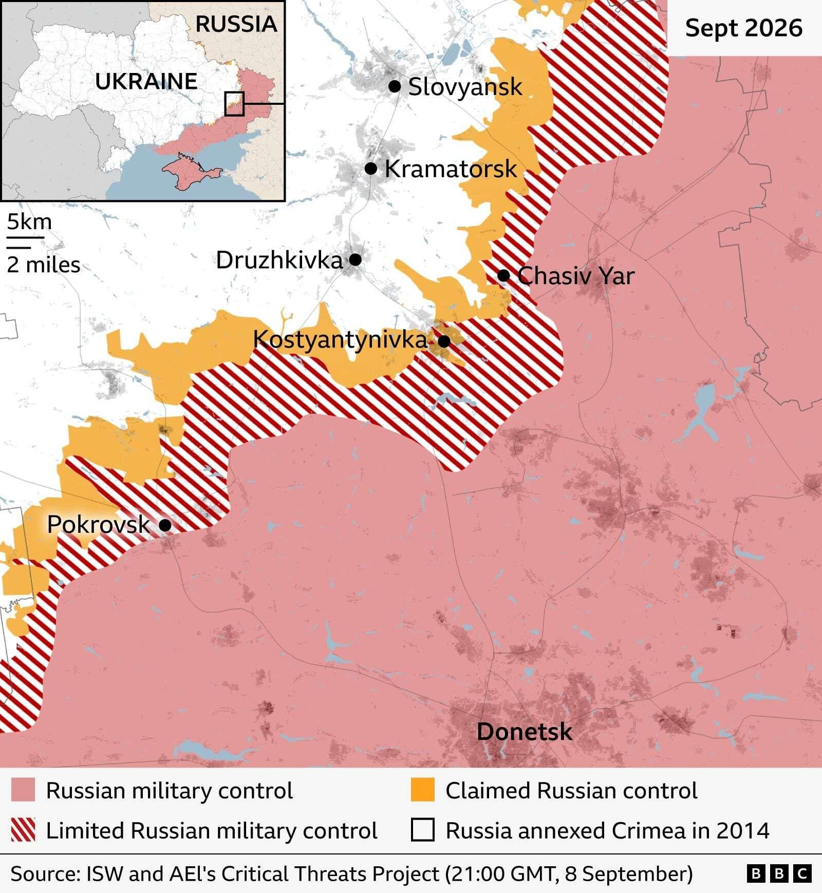 Map showing current territorial control of eastern Ukraine and the fortress belt cities
