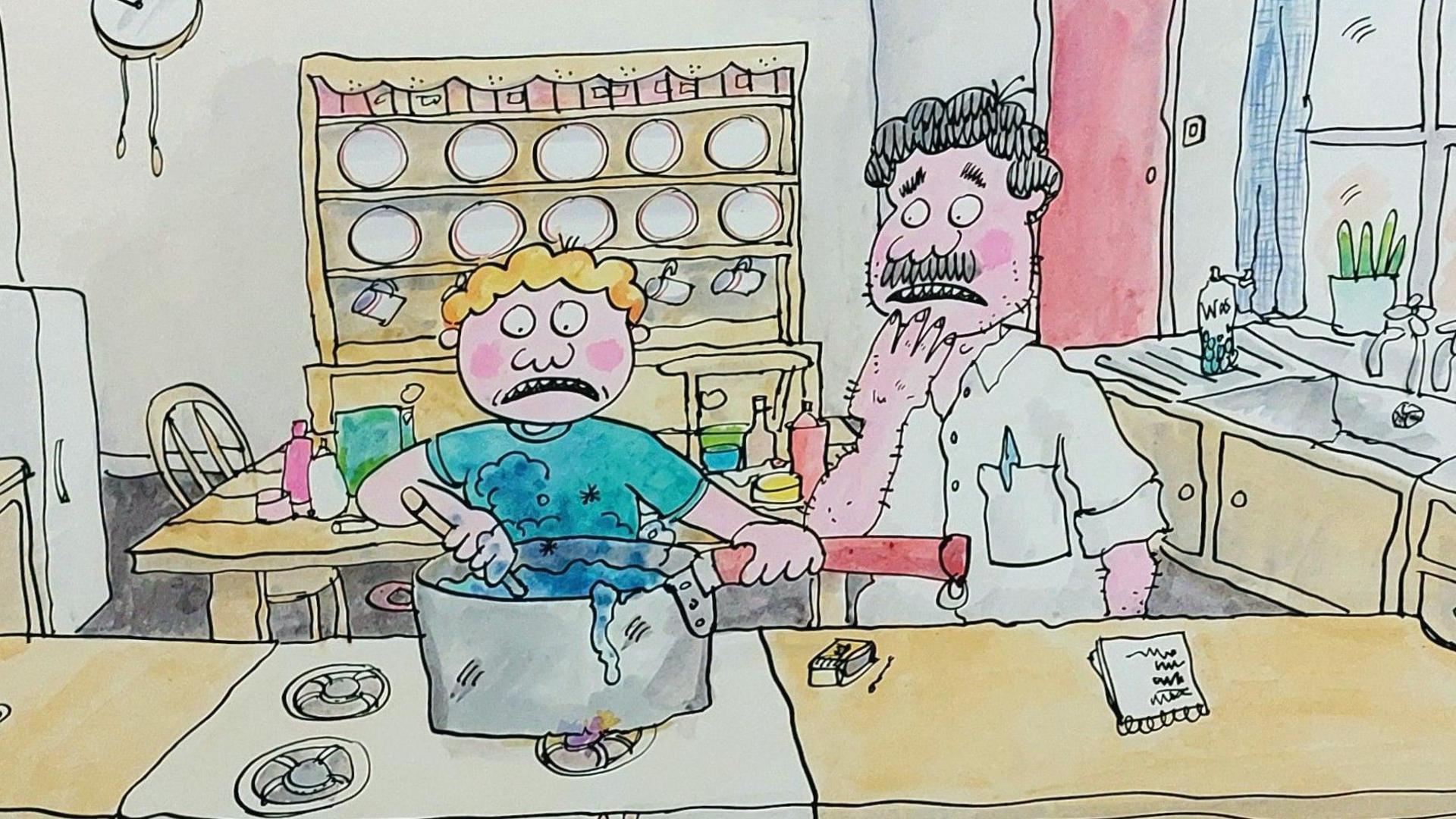 An illustration of a boy cooking at a stove in a kitchen with a concerned expression on his face. There is a man next to him looking worried with his hand on his chin.
